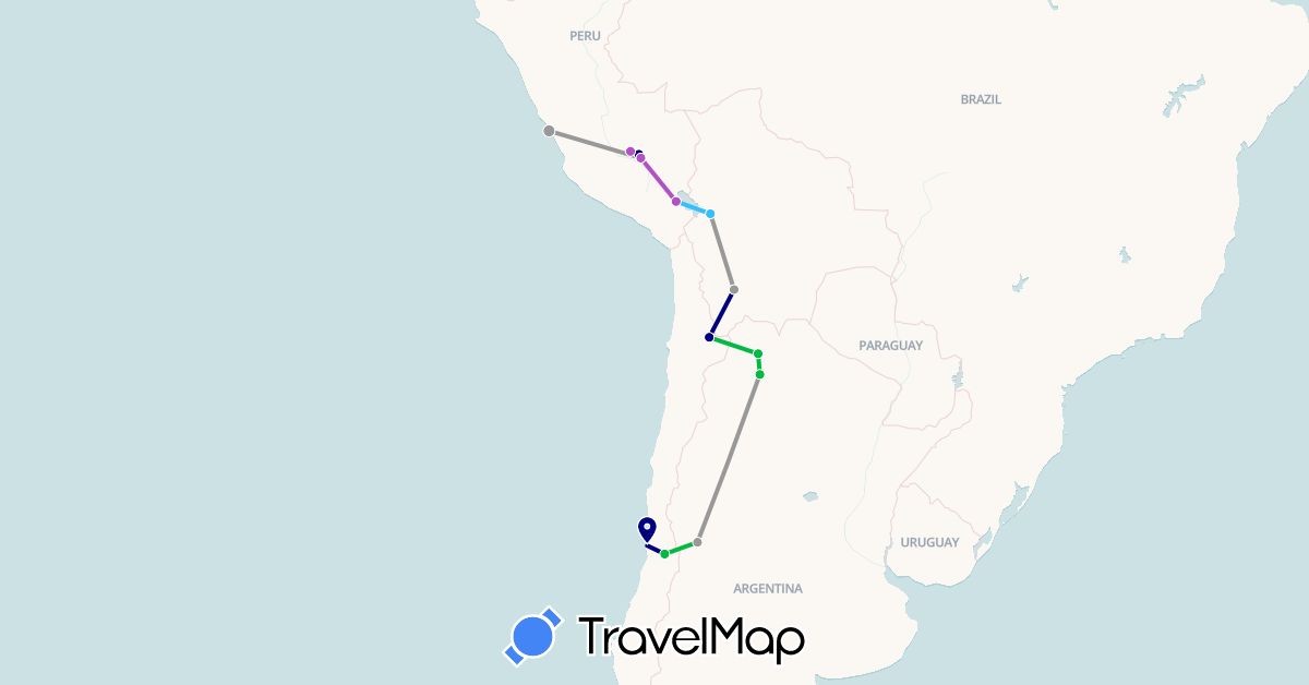TravelMap itinerary: driving, bus, plane, train, boat in Argentina, Bolivia, Chile, Peru (South America)